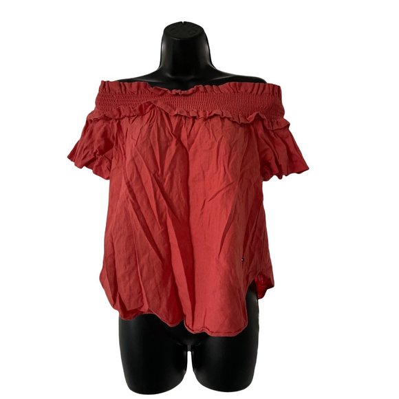 Tommy Hilfiger Tops - Tommy Hilfiger Off Shoulder Crop Extra Small  Burnt Orange Solid Linen Blouse